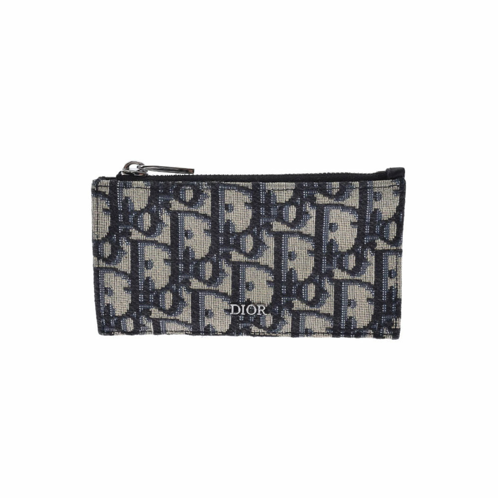 CHRISTIAN DIOR Zip Card Holder Oblique Jacquard Navy Blue Black